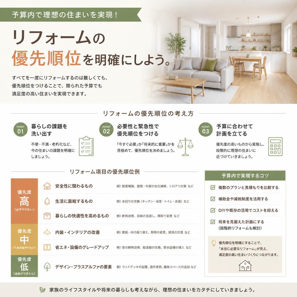 予算内で理想の住まいを実現！リフォームの優先順位を明確にしよう。
